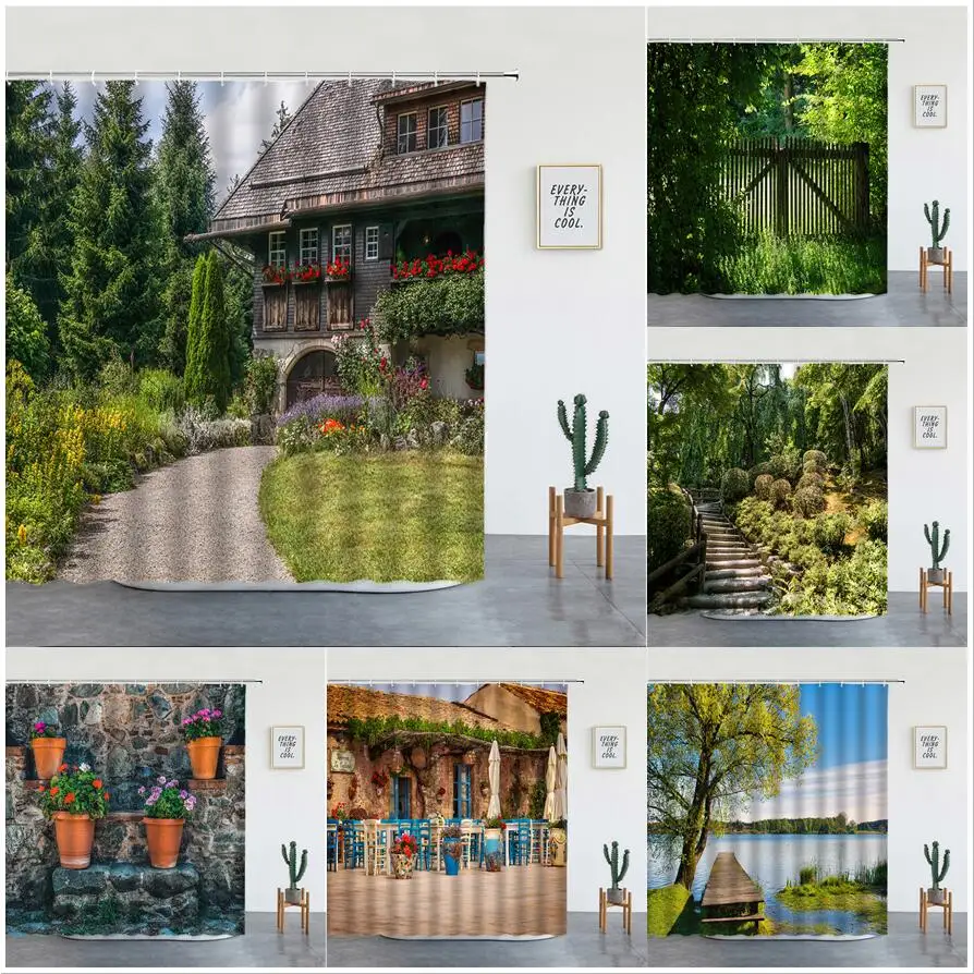 

Forest Garden Landscape Shower Curtains Spring Green Tree Flowers Old House Natural Scenery Waterproof Fabric Bathroom Decor Set