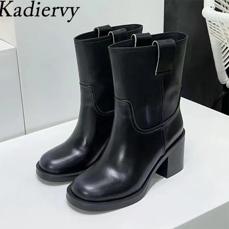 

Genuine Leather Short Boots Women Square Heels Runway Shoes Round Toe Slip-on Mid Calf Boots Chunky Heels Chelsea Boots Woman