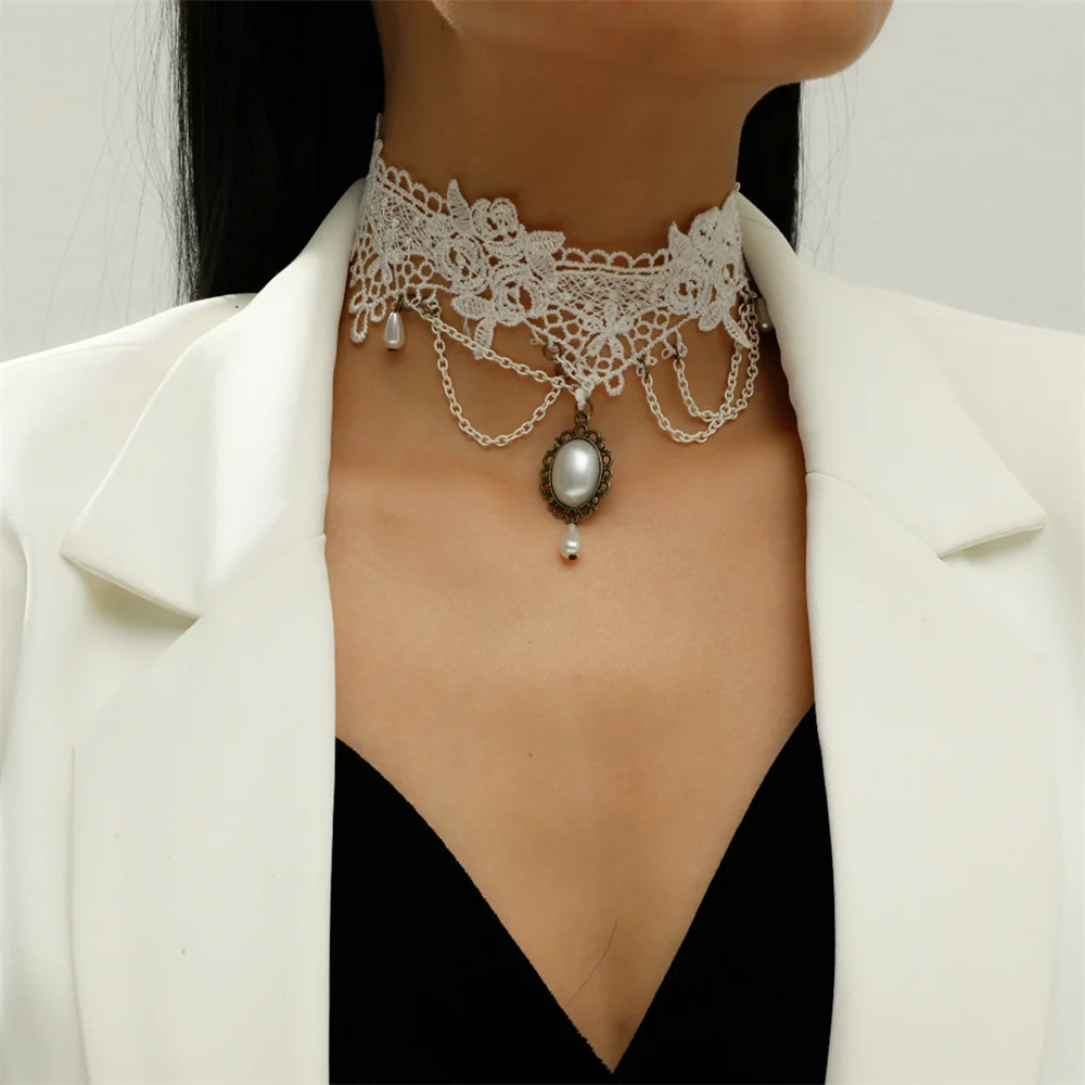 

NCEE Fashion Gothic White Crystal Lace Choker Necklace Women Fashion Victoria Vintage Clavicle Chain Collar Statement Jewelry