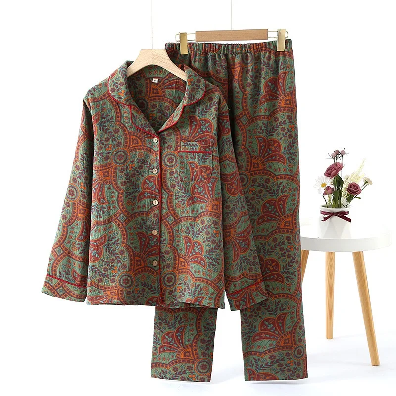 

Spring and Autumn 100% Cotton vintage Long-sleeved pajamas for women Service Two-piece Loungewear Home Wear Clothing