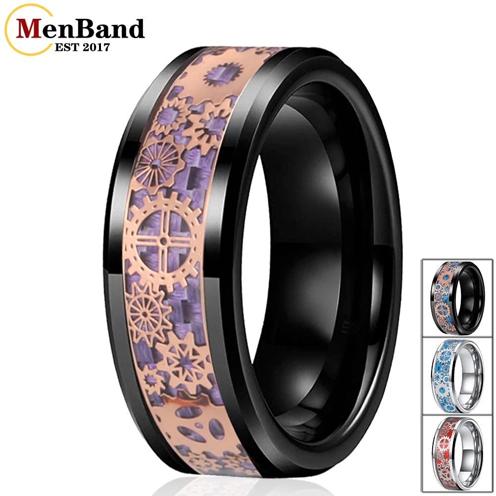 

MenBand 6MM 8MM Men Women Wedding Band Tungsten Carbide Ring With Mechanical Gear Wheel And Carbon Fiber Inlay Comfort Fit
