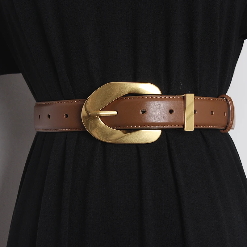 

High End Irregular Metal Buckle Waistband For Women Jean Waist belt genuine Cow leather Corset full grain leather Cinture Strap