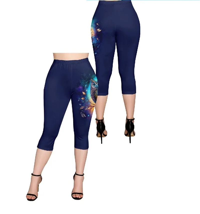 

Plus Size Capri Leggings With Pockets Butterfly Glitter、Owl Branch Printed Pencil Pants Female Casual Trousers Mujer 6X