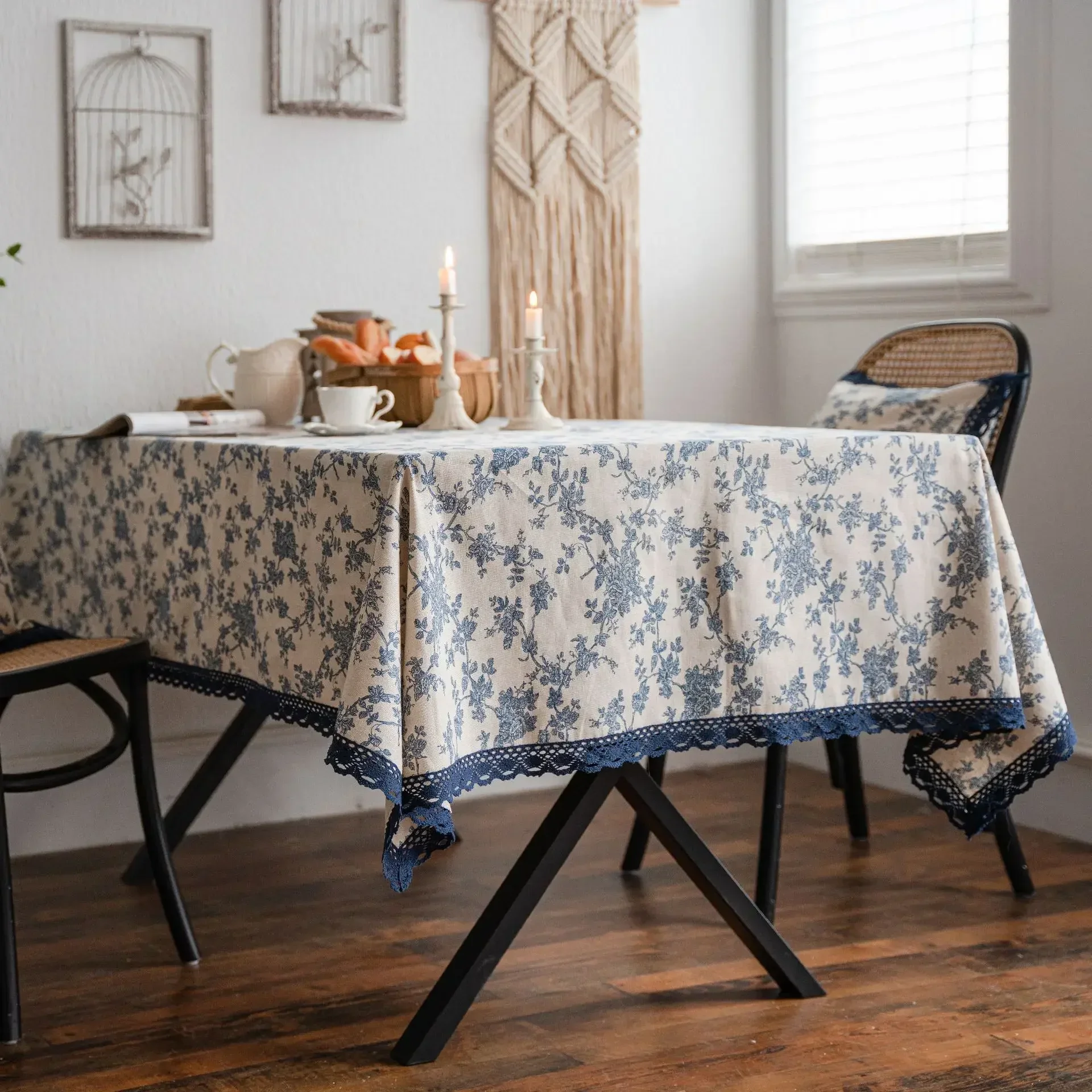 

Blue Rose Printed Rural Tablecloth Cotton Linen Table Cloth Waterproof Household Covers Lace Table Cover Home Decoration