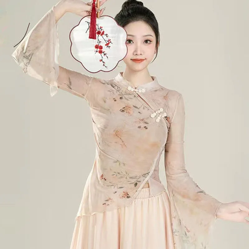 

Cheongsam Women's Plus Size Tops 2024 Chiffon Fabric Prints Splicing Ruffles irregular Chinese Style Dance Qipao Shirts Woman