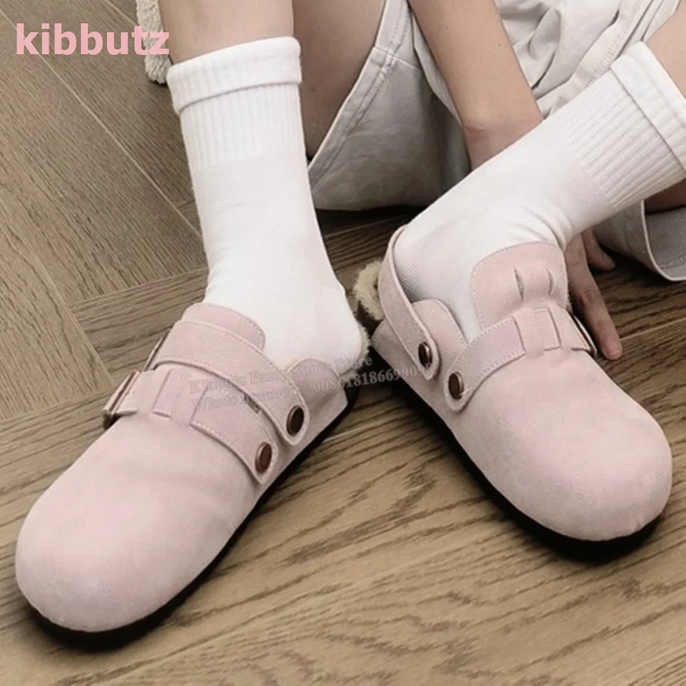 

Suede Slippers Belt Buckle Slip-On Furry Round Toe Platform Height Increasing Winter Warm Fashion Elegant Concise Women Shoe New