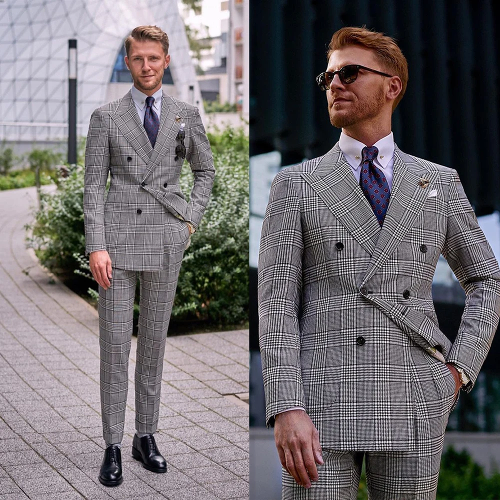 

2 Pieces Men Suits Tailor-Made Gray Plaid Slim Fit Blazer Pants Double Breasted Gentlemen Wedding Business Groom Causal Prom