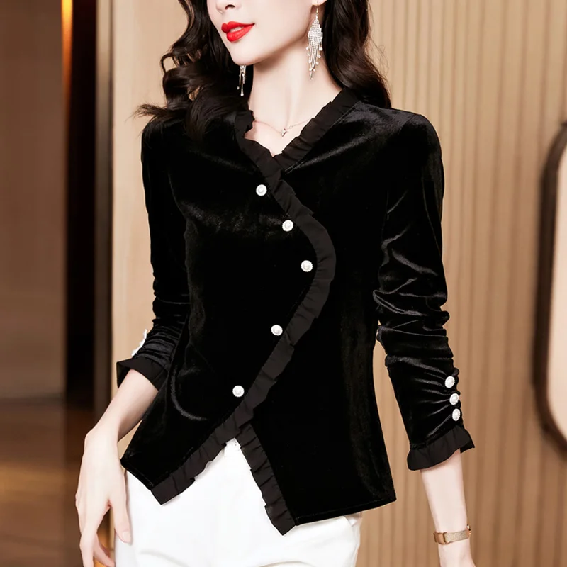 #1611 Black Green Pleuche T Shirt Women V-neck Buttons Short T-shirt Female Long Sleeve Irregular T Shirt Femme Autumn
#1611 Black Green Pleuche T Shirt Women V-neck Buttons Short T-shirt Female Long Sleeve Irregular T Shirt Femme Autumn