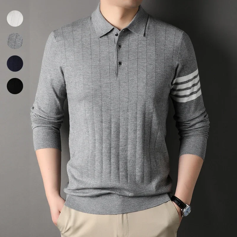 

Мужские деловые модные вязаные пуловеры из смешанной шерсти | Рубашка поло с лацканами | Классические однотонные пуловеры | Вязаный свитер для гольфа