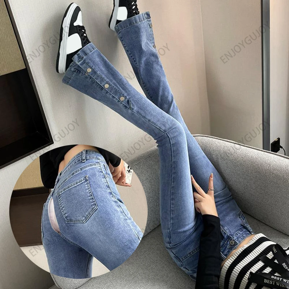 

Invisible Open Crotch Outdoor Sex Micro Flare Pants Retro Blue High Waist Split Jeans Ms Slimming Mopping The Floor Trousers