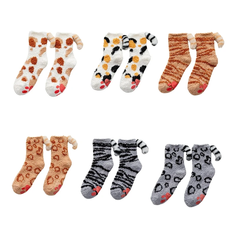 

Women Winter for Cat Paw Fuzzy Slipper Socks with Grippers Cartoon 3D Kitten Plush Tail Anti-Skid Warm Floor 37JB