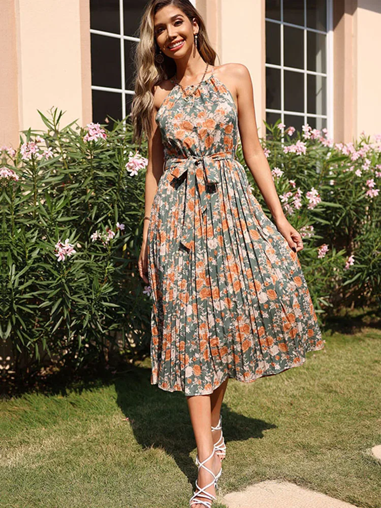 

JIM & NORA Women Summer Off Shoulder Hanging Neck Floral Ruffle Long Dress Elegant Pleated Loose Dresses Casual Holiday