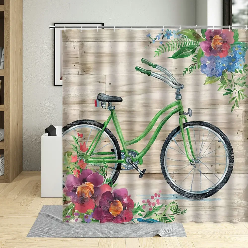 

Винтажная занавеска для душа и велосипеда, деревянная Водонепроницаемая декоративная штора из полиэстера с цветами для ванной комнаты, 12 крючков
