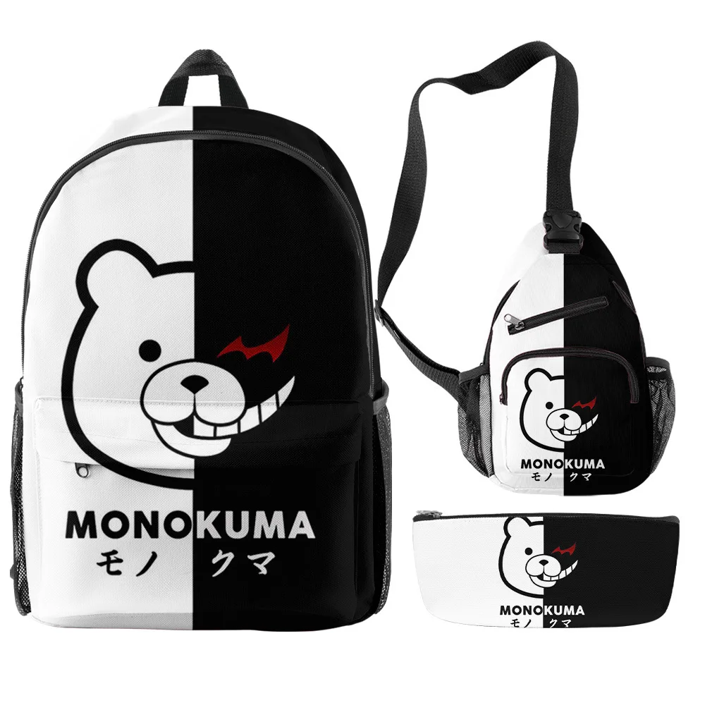 

Popular Novelty Danganronpa Monokuma 3D Print 3pcs/Set pupil School Bags Travel Laptop Backpack Chest Bag Pencil Case