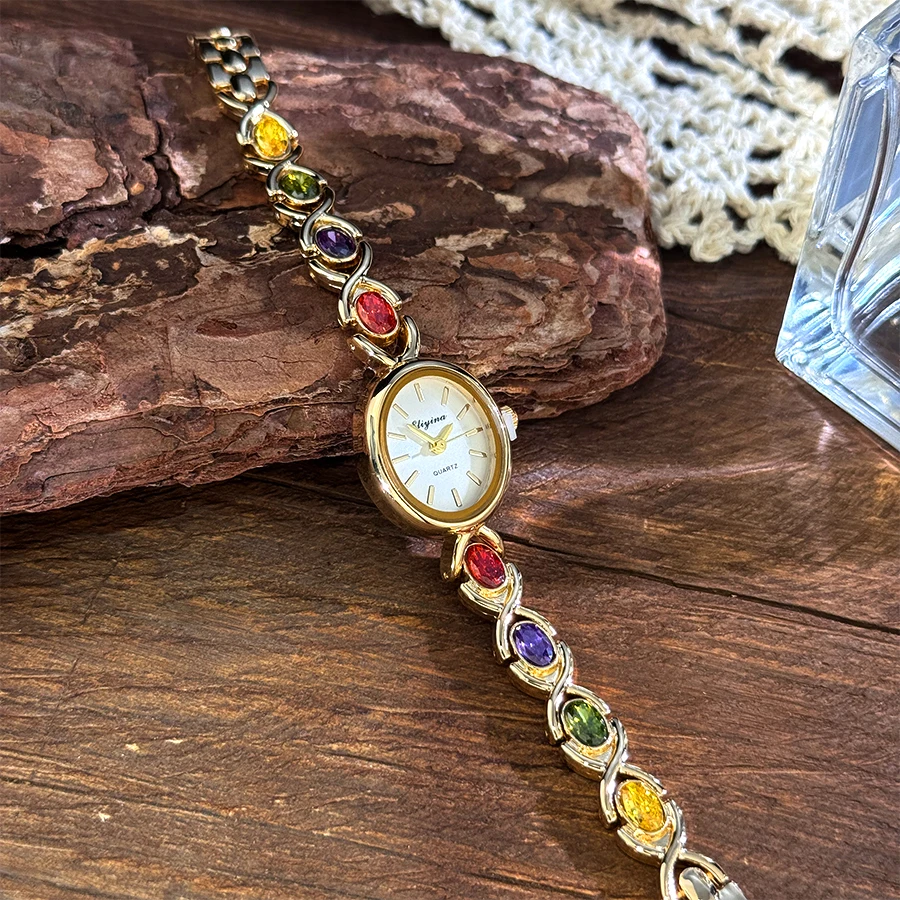 New Arrival TikTok Diamond Embedded Oval Shape Miniature Retro Rainbow Luxury Watch Elegant Compact Design Direct Sale New Arrival TikTok Diamond Embedded Oval Shape Miniature Retro Rainbow Luxury Watch Elegant Compact Design Direct Sale