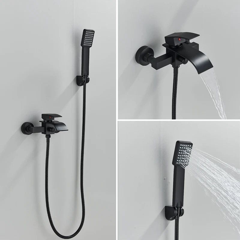 

Black Bathroom Faucet Waterfall Concealed Bathtub Faucets Wall Mounted Shower System Tub Tap With Plastic Hand