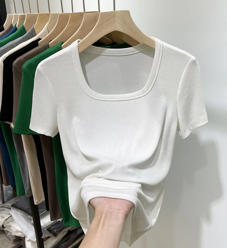 تي شيرت نسائي جديد لعام 2024 بقصة ضيقة وأكمام قصيرة، ياقة مربعة مع تصميم خيوط، أنيق للربيع والصيف، ملابس كاجوال عصرية تي شيرت نسائي جديد لعام 2024 بقصة ضيقة وأكمام قصيرة، ياقة مربعة مع تصميم خيوط، أنيق للربيع والصيف، ملابس كاجوال عصرية