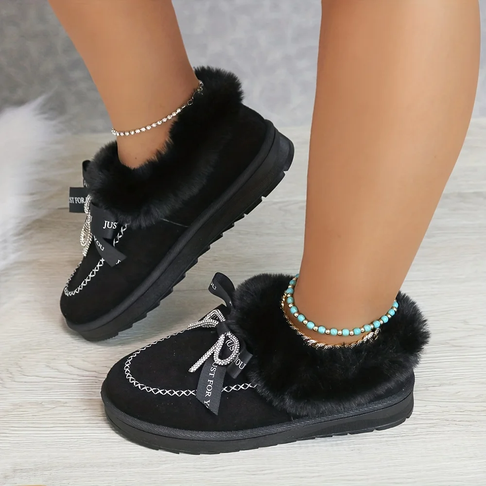 

Women Fluffy Fleece Lining Snow Boots Rhinestone Bowknot Slip On Ankle Boots Winter Keep Warm Flat Boots