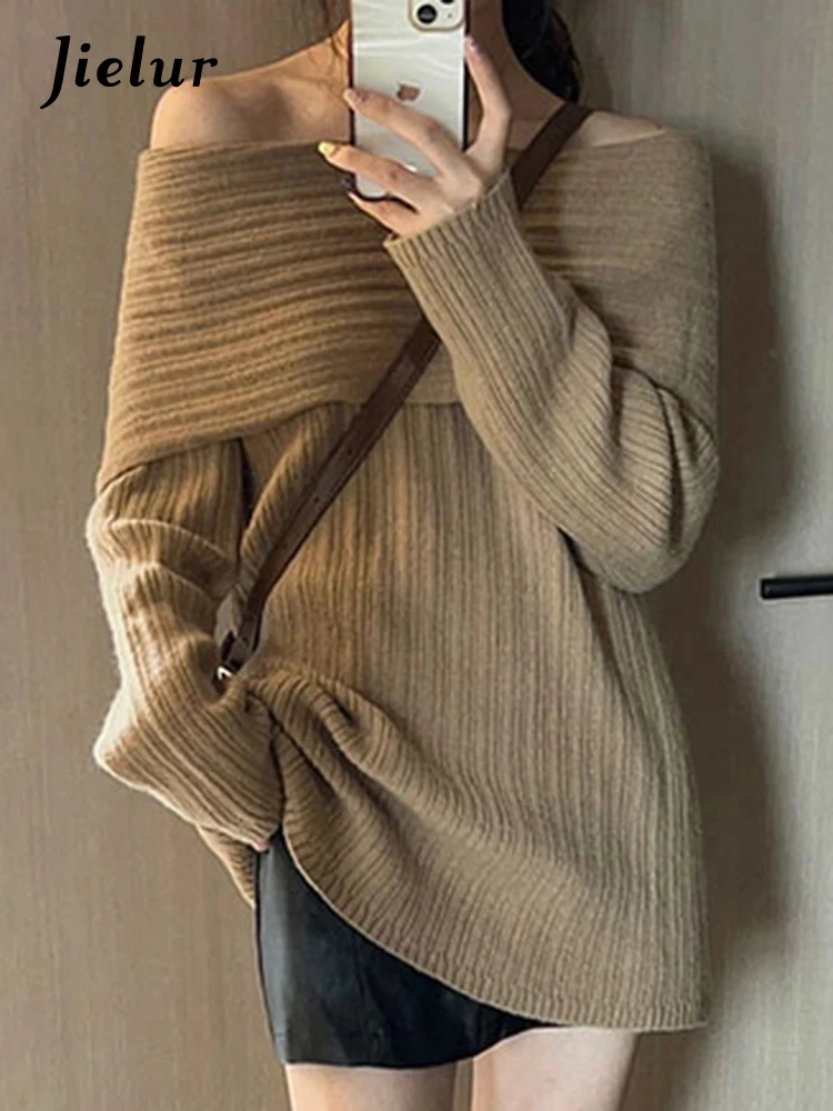 

Jielur Khaki Winter Sexy Fashion Women's Pullovers Slash Neck Solid Color Cuffs Solid Color Female Sweaters Chic Office Ladies