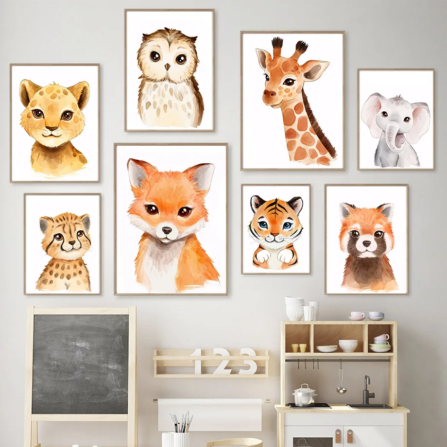 

Fox Bear Rabbit Nursery Wall Art Print Leopard Lion Deer Hippo Canvas Painting Nordic Poster Wall Pictures Baby Kids Room Decor
