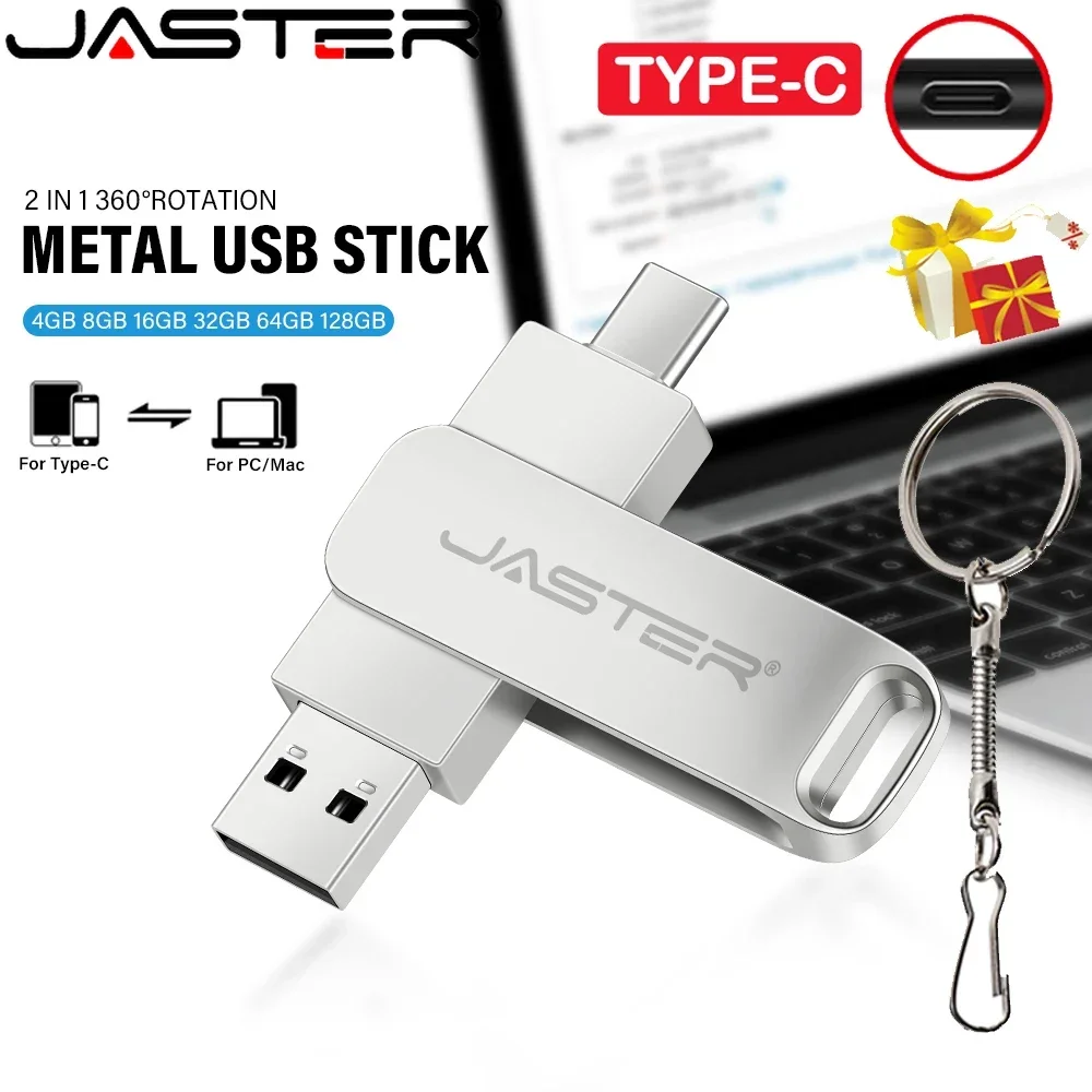 

JASTER Silver Rotatable USB Flash Drive 128GB TYPE-C 2 in 1 Memory Stick 64GB Free Custom Logo Pendrive 32GB Portable U Disk 8GB