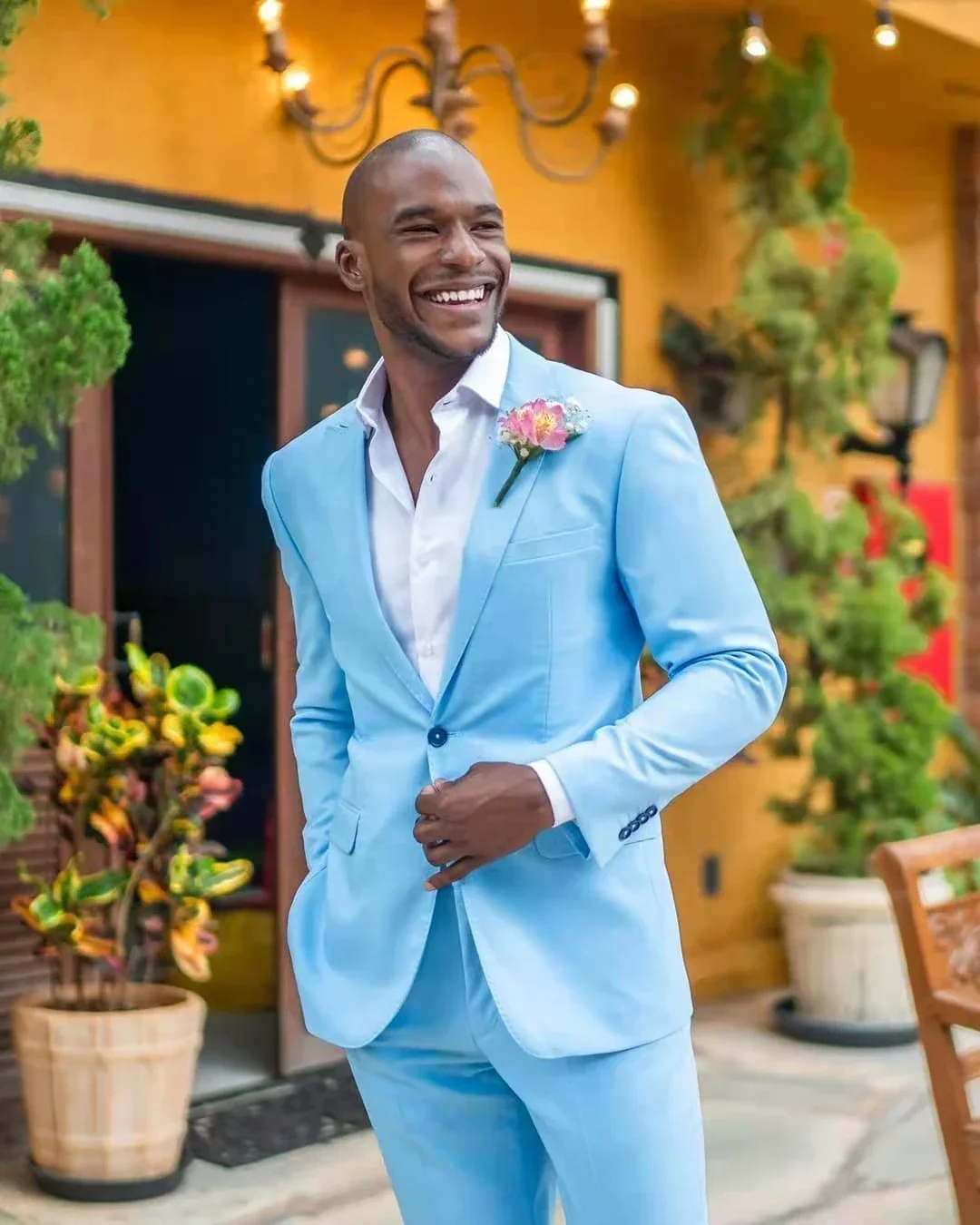 

Sky Blue Formal Wedding Elegant Men Suit Groom Tuxedo Prom Slim Fit Blazers Hombre High Quality Custom 2 Piece Set Costume Homme