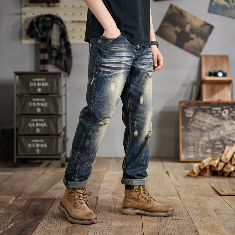 

2024Summer New Ripped Jeans Men's Large Size Loose Elastic Retro Worn Looking Washed-out Casual All-Matching190KGPants28-48Size