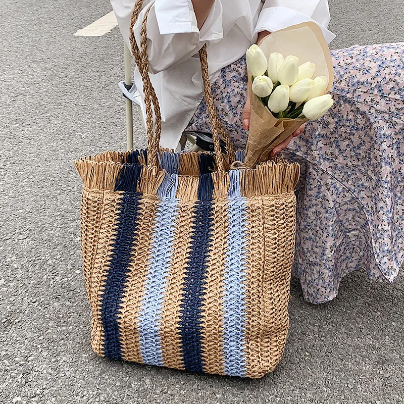 

Summer Tassel Beach Bag Bohemian Stripe Shoulder Bag Woven Straw Bags for Women Handbags Rattan Shopper Purses 2023 Travel Tote