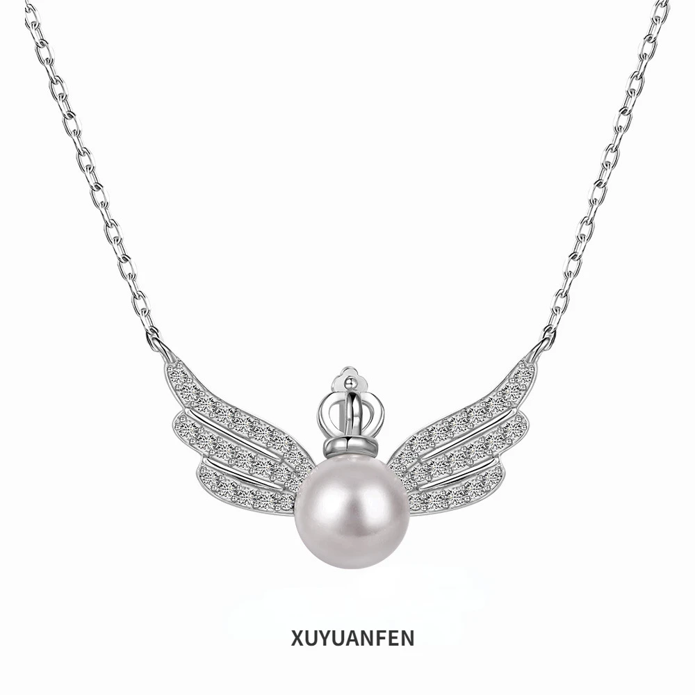 

XUYUANFEN Cross border S925 Sterling Silver Necklace, Female Angel Wings, Micro Set Zircon Pearl Pendant, Collar Chain, Women's