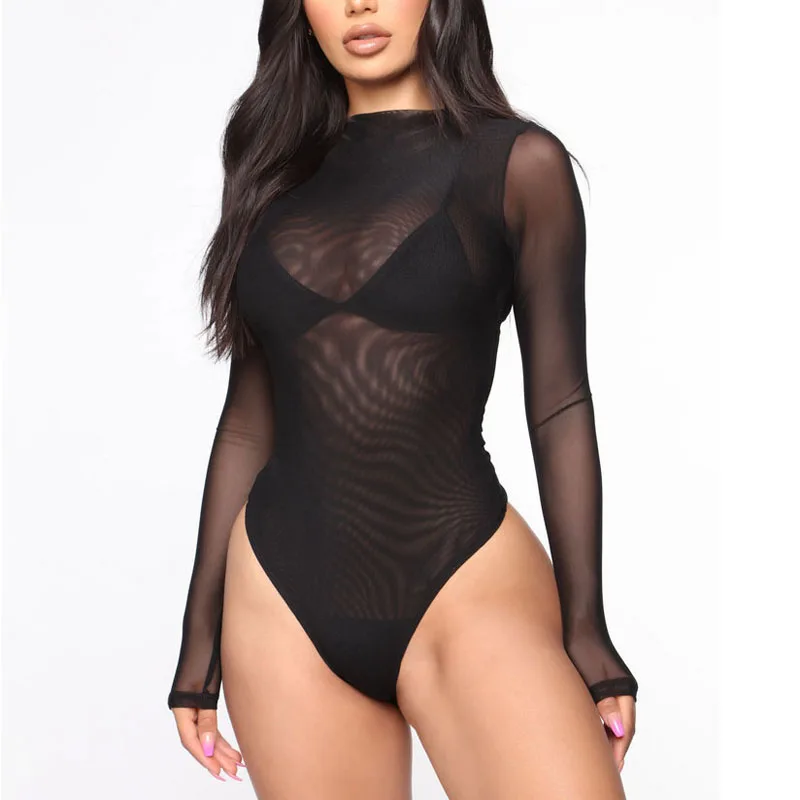 

Women Sexy See-Through Lingerie Solid Color Long Sleeve Jumpsuits Sheer Mesh Casual Clubwear Bikini Exotic Intimate Sex Lingerie