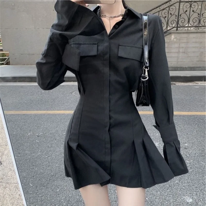 

Black Shirt Dress Women Elegant Vintage Long Sleeve Dresses Sexy Gothic Pleated Streetwear Turn-down Collar Casual Robe