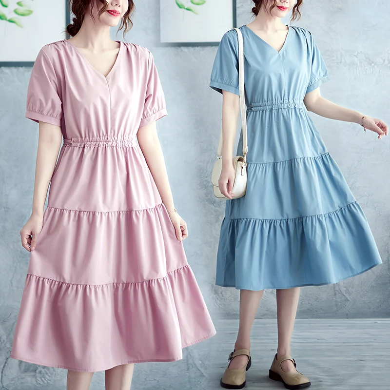 

Summer Women V-neck Cotton Blend Loose Dress 2023 New Elegant Pleated Design Five Colours Casual Midi Skirt Big Swing Dress