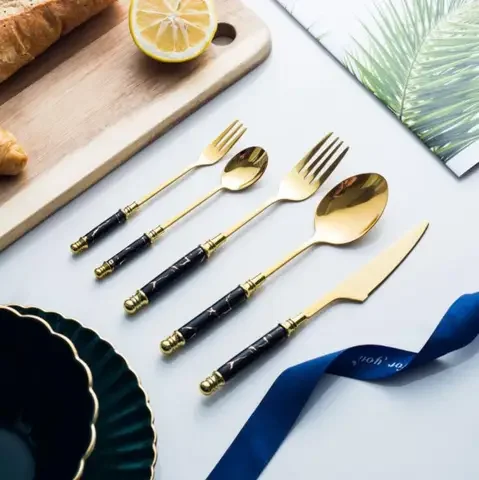 

Vintage Ceramic Stainless Steel 5PC Cutlery Set Fork Spoon Knife Kit Marble Dinner Dinnerware Green Restaurant Kitchen Tableware
