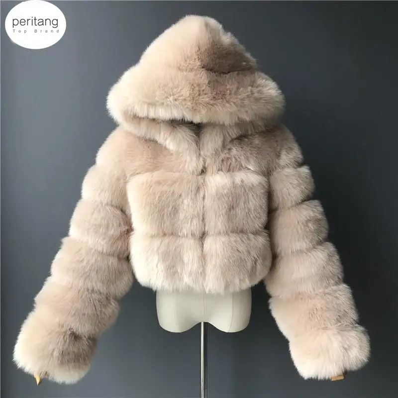 

High Quality Furry Cropped Faux Fur Coats And Jackets Women Fluffy Top Coat With Hooded Winter Fur Jacket Manteau Femme