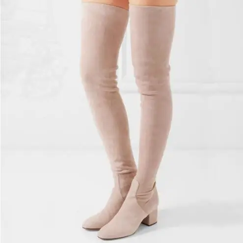 

Spring Ladies Apricot Grey Black Suede Patent Leather Square Med Heels Round Toe Over The Knee Boots Women Thigh Long Botas Shoe