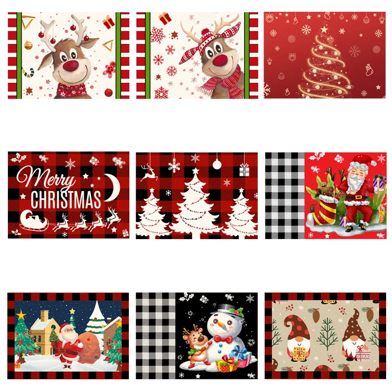 

4pcs/set Christmas Placemat Set Red Plaid Pattern Kitchen Placemats Santa Claus Snowflake Tablecloth Decorative Linen Table Mat