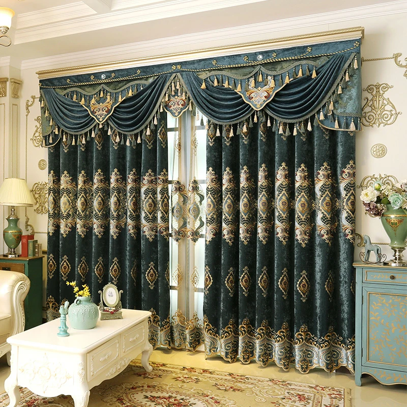 

European Blue Gold Wire Chenille European Embroidered Curtains for Living Dining room Bedroom Tulle Valance Customization