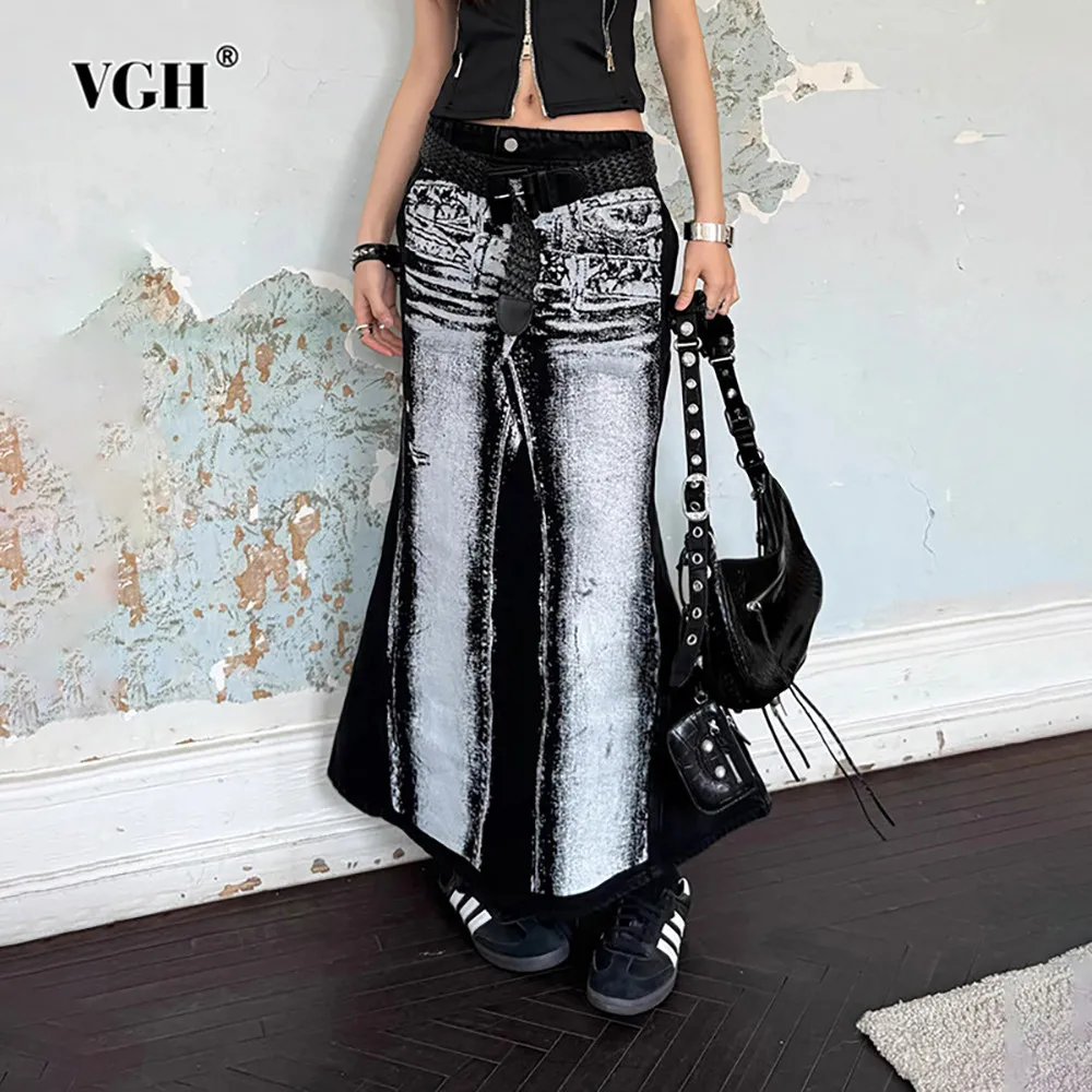 

VGH Hit Color Patchwork Pocket Chic Long Skirt For Women High Waist Slimming Streetwear Mermaid Skirts Female Fashion Clothes
