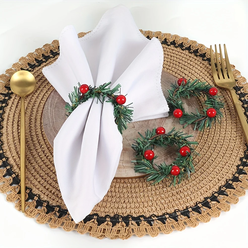 

6/12/20pcs Napkin Ring Christmas New Year Red Fruit PVC Pine Needle Holders for Home Wedding Banquet Hotel Table Decoration