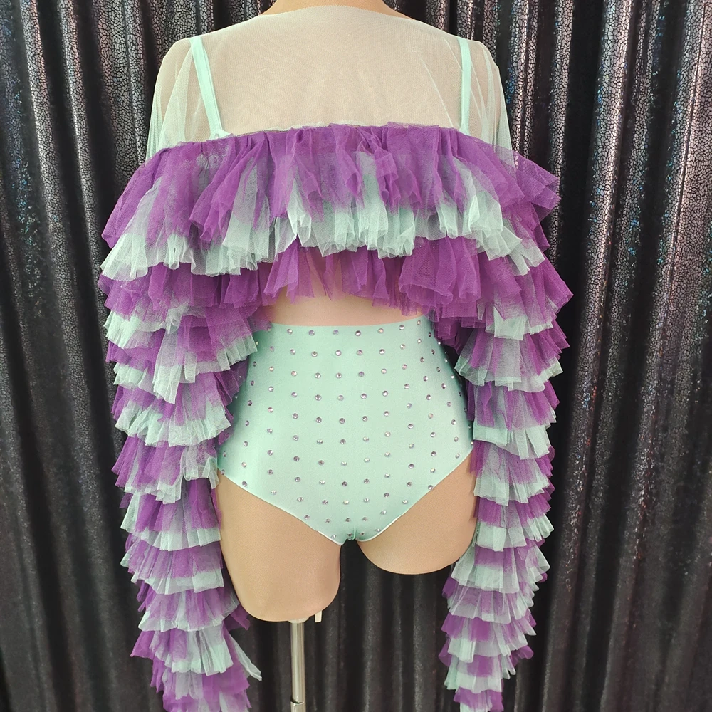 

New Mesh Ruffle Cloak Rhinestones Leotard Two Pieces Set Women Performance Dance Costume Nightclub Outfit Singer Show Stage Wear