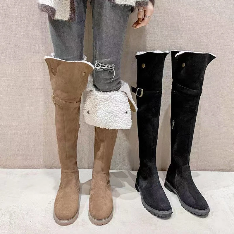 

Over the Knee Boots Women 2022 Winter New Warm Furry Plush Long Booties Ladies Shearling Turned-Over Edge Flat Botas De Mujer