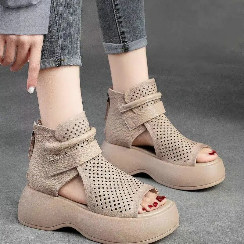 

Plus Size Women's High Heel Fish Mouth Roman Shoes Summer Fashion New Soft Leather Slope Heel Wedges Cool Boots Women Shoes