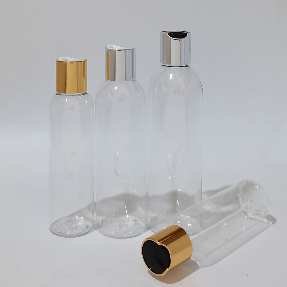 

100ml 120ml 150ml 200ml 250ml Clear Plastic Bottle With Gold Disc Cap,Essential Oils Cosmetic Packaging Shampoo Perfume Bottle