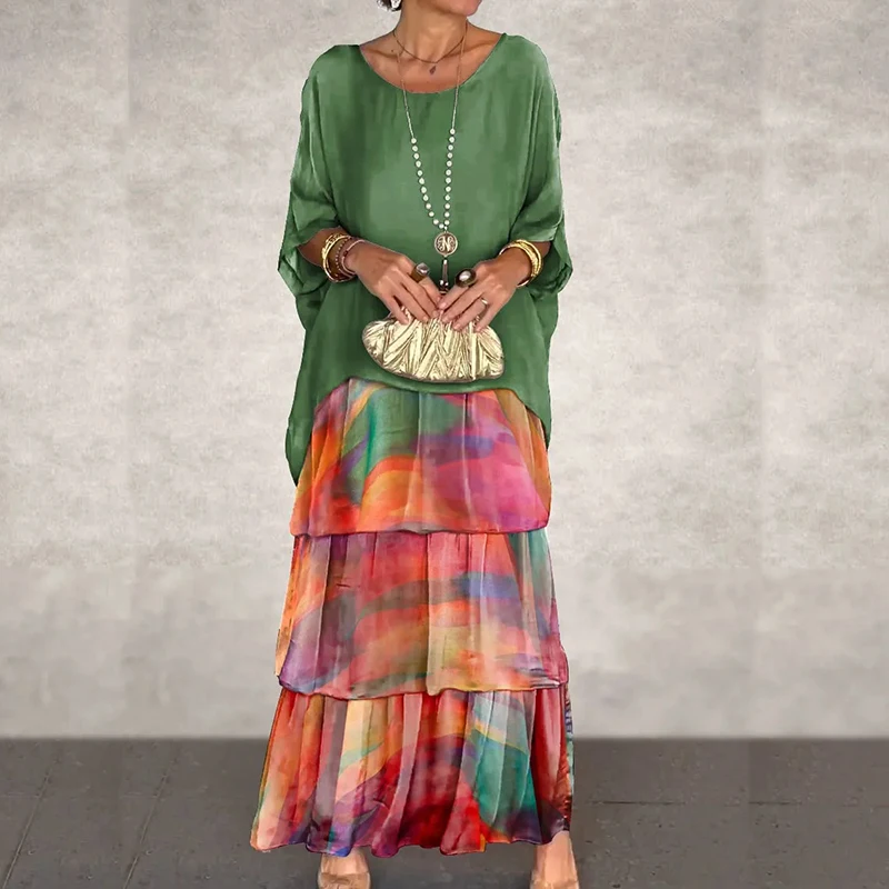 Spring Printed Chiffon Two Piece Set Women O Neck Batwing Sleeve Top Pullover & Ruffle Pleated Dress Outfit Summer Bohemian Suit
Spring Printed Chiffon Two Piece Set Women O Neck Batwing Sleeve Top Pullover & Ruffle Pleated Dress Outfit Summer Bohemian Suit