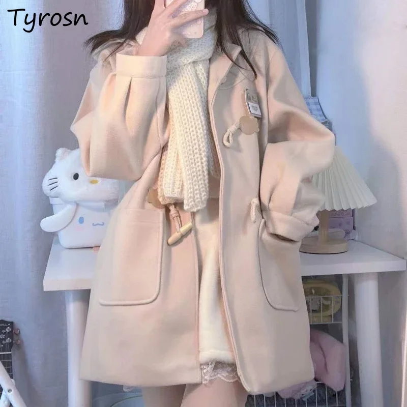 

Hooded Blends Women Winter Wool Coat Sweet Warm Preppy Style Loose Tender Girlish Horn Button Simple Japanese Fashion Clothes