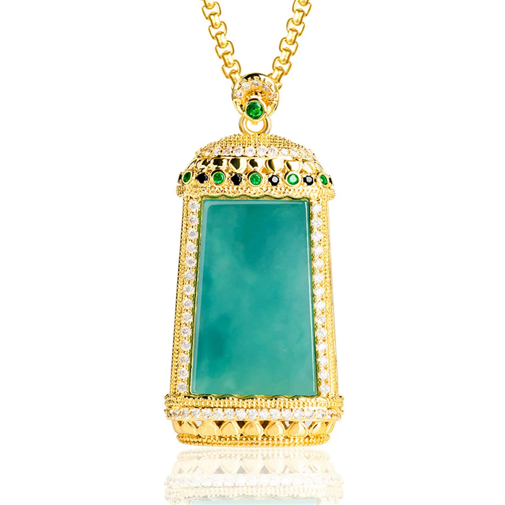 

Retro Natural Ice Green Jadeite Carved Gem Rectangle Lucky Pendant Gold Plated Amulet Necklace Certificate Luxury Jade Jewelry