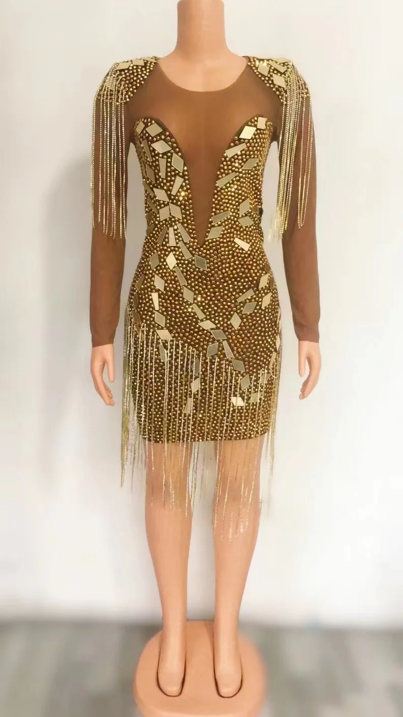 Women Shining Mirrors Rhinestones Chains Mesh Dress See Through Birthday Party Celebrate Fringes Costume Show Nightclub Outfit
Women Shining Mirrors Rhinestones Chains Mesh Dress See Through Birthday Party Celebrate Fringes Costume Show Nightclub Outfit
