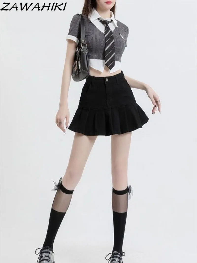

ZAWAHIKI Skirts for Women High Waist Black Summer New Arrive Chic Designed Ruffles A-line Short Kpop Pleated Faldas De Mujer