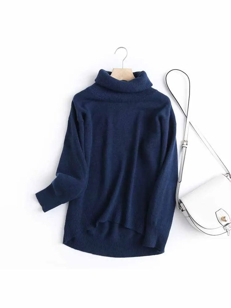 

Women New Fashion Loose Asymmetric wool blend Casual Knitted Sweater Vintage High Neck Long Sleeve Female Pullovers Chic Tops