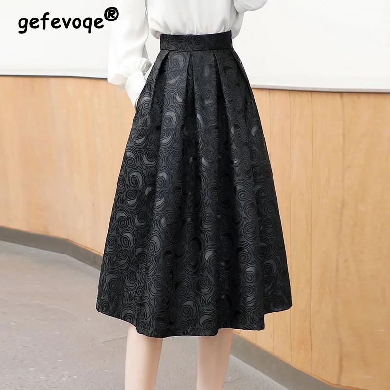 

2023 Spring Autumn Women Vintage Elegant Hepburn Style High Waist A-line Midi Skirt Fashion Black Jacquard Pleated Party Skirts